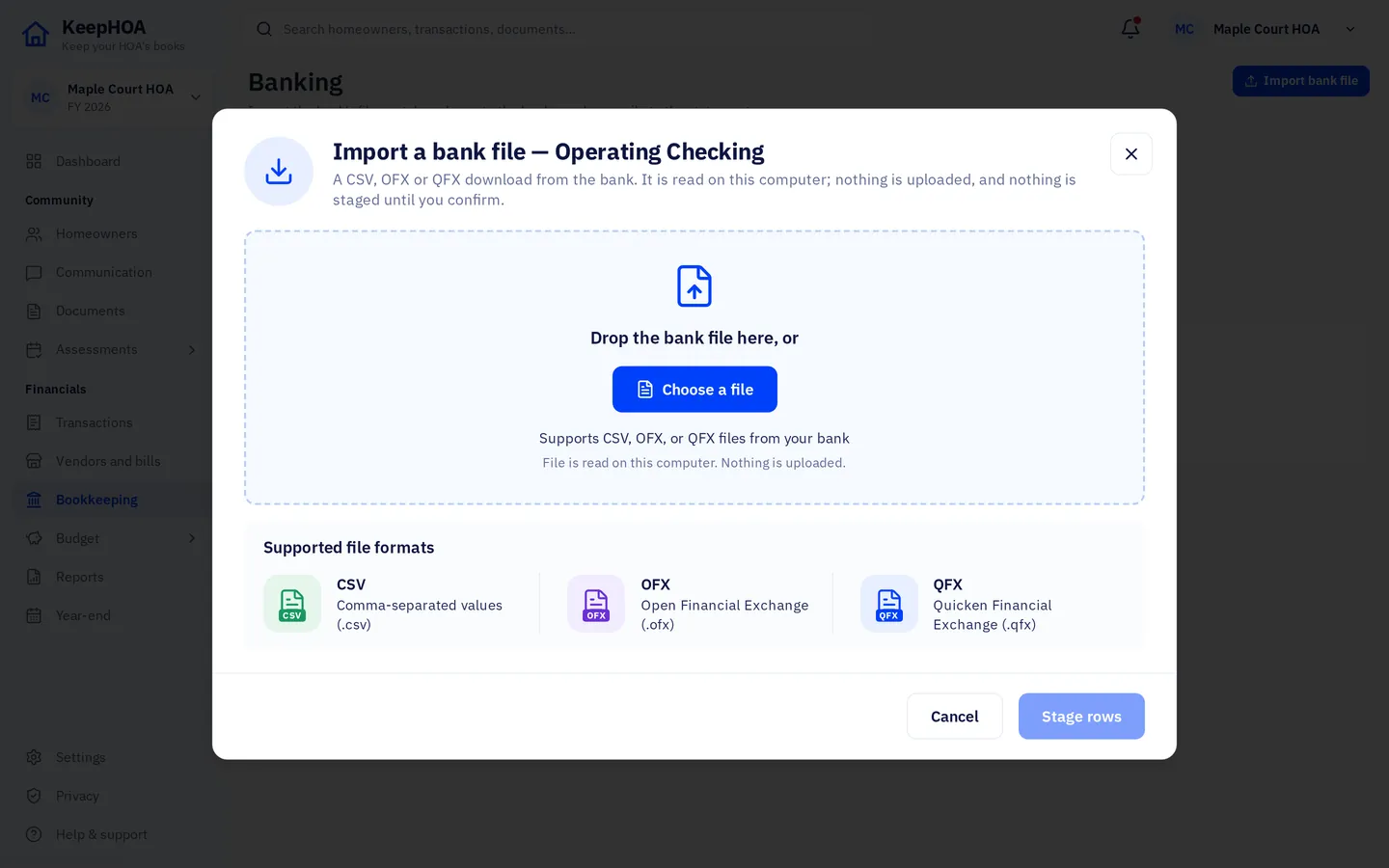 KeepHOA's bank import dialog for the operating checking account: drop a CSV, OFX or QFX file from the bank; nothing is uploaded.