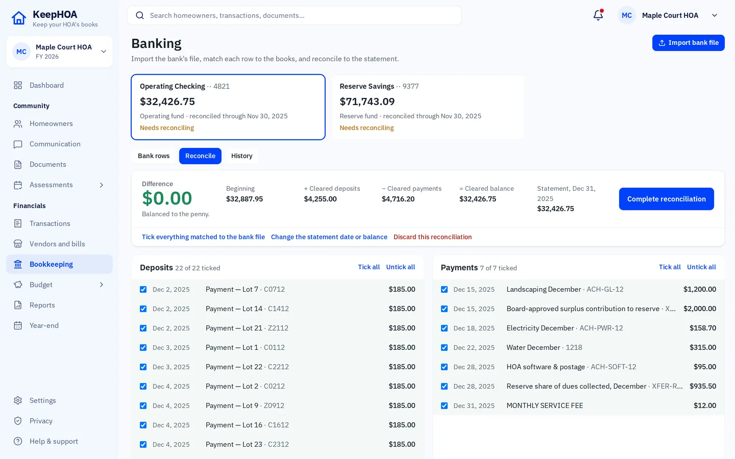 Bank reconciliation in KeepHOA: a difference of $0.00, cleared deposits and payments ticked for the operating checking account.