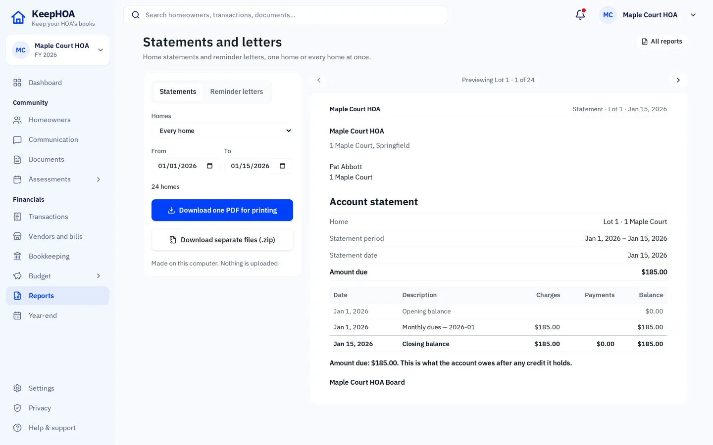 KeepHOA's statements screen: choose homes and a period, with a preview of Lot 1's account statement showing charges, payments and the closing balance.